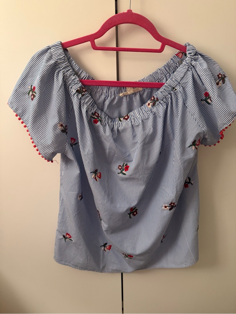 grand & greene Blue Stripe Off-Shoulder Top with Red Floral Embroidery